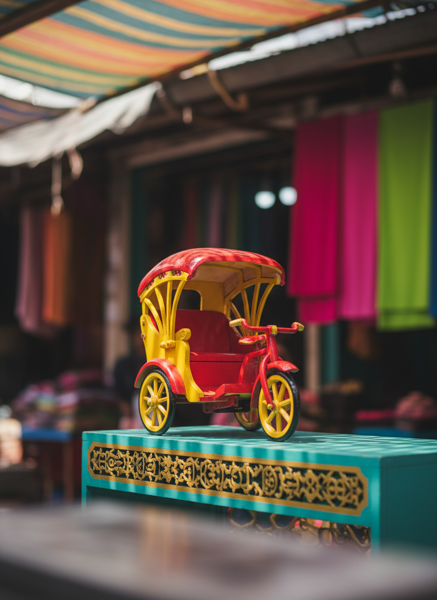 A meticulously crafted wooden beca miniature, with smooth, rounded edges and bright, glossy paint in cherry red and lemon yellow, perched on a turquoise display shelf edged with gold Islamic carving motifs. The background features a whimsical blend of blurred market stalls adorned with vivid textiles in magenta and lime green. The setting is illuminated by bright, diffuse daylight filtering through a colorful awning, creating playful reflections and soft shadows on the smooth surfaces. Shot at eye-level with a dynamic composition that uses the rule of thirds and foreground blur, the image feels energetic and inviting. The photographic realism and bold color treatment reflect the sense of fun and local pride central to Kelantan’s street life and creative crafts.