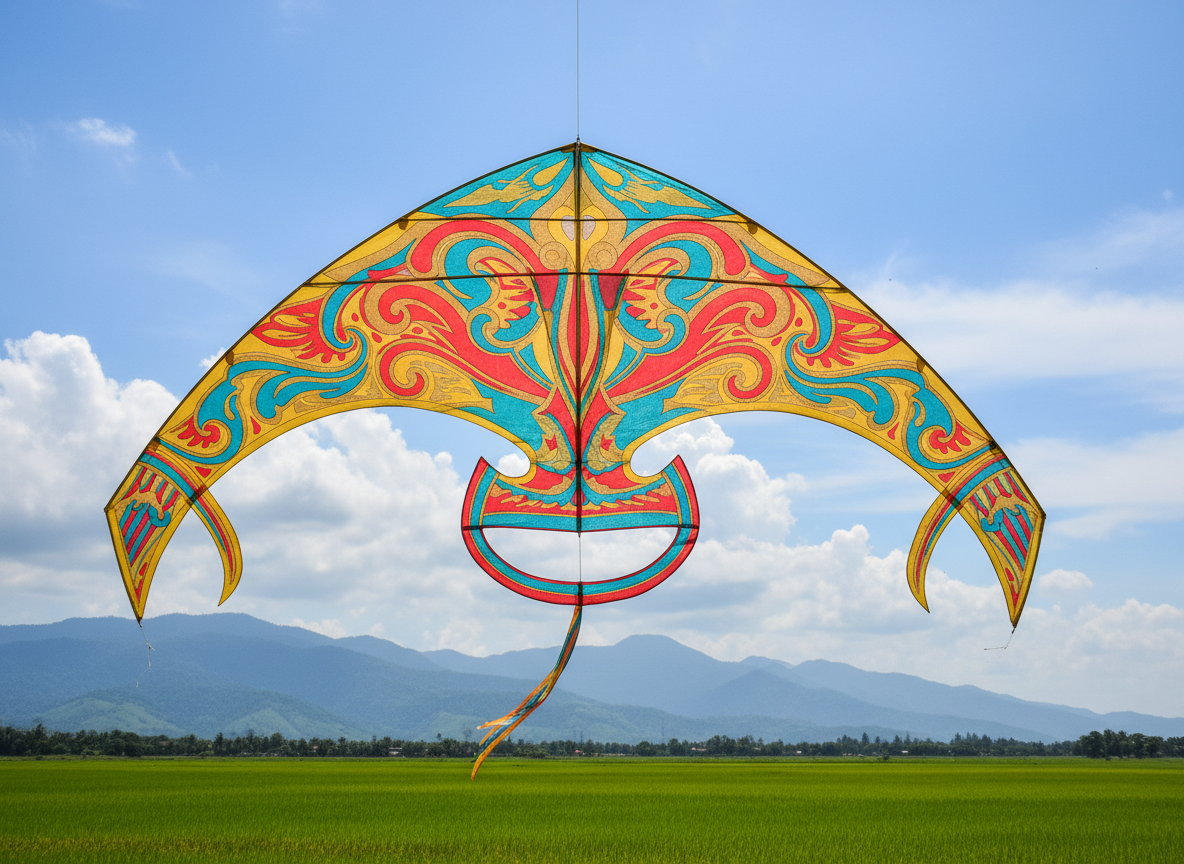 A vibrantly painted wau bulan, the traditional Malaysian moon kite, featuring intricate swirling batik motifs in red, yellow, turquoise, and gold, its taut silk-like surface shimmering with color. The kite is displayed in mid-air above a lush green paddy field, with distant mountains framed by a cloud-dotted cerulean sky. The scene is bathed in bright midday sunlight, casting crisp, joyful shadows beneath the soaring kite. The mood is playful and celebratory, capturing the spirit of Kelantan’s cultural heritage. Shot from a slightly low angle, the bold composition places the floating kite squarely in the center, with a shallow depth of field blurring the lush background. The image embodies energetic, photographic realism with rounded, whimsical outlines that echo the site’s colorful, approachable design.